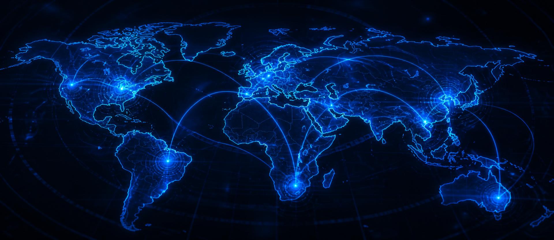 Holographic world map with connecting flight paths